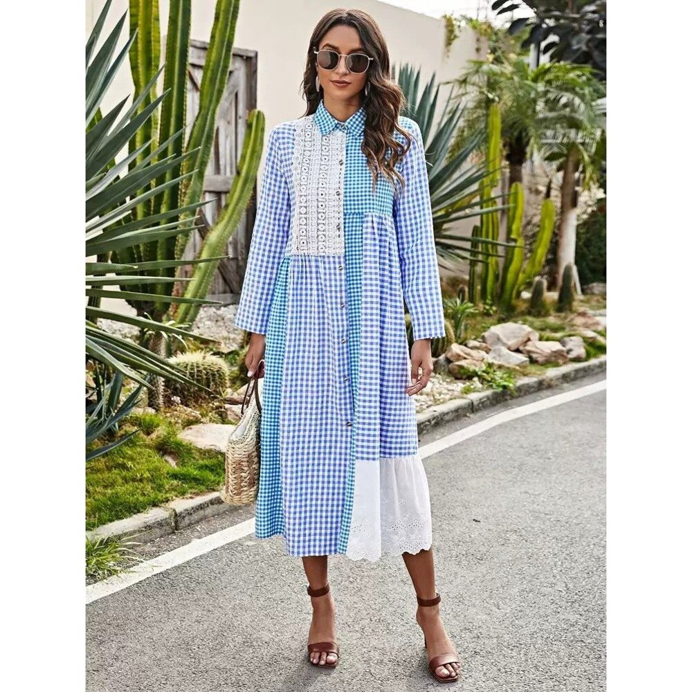 Cottagecore Gingham Blue & White Guipure Lace Panel Midi Dress Prairie Coastal